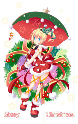 Rule 34 | 10s, 1girl, blonde hair, blue eyes, boots, christmas, dress, edna (tales), hair ribbon, highres, leg ribbon, normin (tales), ribbon, santa costume, side ponytail, solo, tales of (series), tales of zestiria, tinkle2013, umbrella