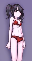 Rule 34 | ame-chan (needy girl overdose), black eyes, black hair, bow, bow bra, bow panties, bra, breasts, feet out of frame, hair ornament, hair over one eye, looking at viewer, medium hair, needy girl overdose, orristerioso, panties, purple background, red bra, red panties, ribbon bra, simple background, sketch, small breasts, solo, twintails, underwear, underwear only, x hair ornament