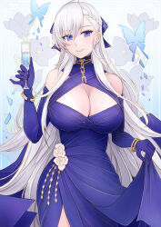 Rule 34 | 1girl, alcohol, azur lane, bare shoulders, belfast (azur lane), belfast (the noble attendant) (azur lane), blue eyes, braid, breasts, bug, butterfly, chain, champagne, cleavage, cleavage cutout, closed mouth, clothing cutout, cocktail dress, cocktail glass, criss-cross halter, cup, dress, drinking glass, elbow gloves, evening gown, french braid, gloves, halter dress, halterneck, highres, holding, holding cup, huge breasts, insect, long dress, long hair, looking at viewer, official alternate costume, purple dress, purple gloves, sai-go, simple background, skirt hold, sleeveless, sleeveless dress, smile, solo, very long hair, white hair