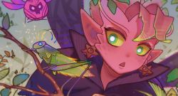 Rule 34 | 1girl, artist name, black cape, blush, cape, colored sclera, colored skin, commentary, dark willow, dota (series), dota 2, earrings, fairy, green background, green eyes, highres, jewelry, monster girl, open mouth, pointy ears, red skin, short hair, solo, sorapoi, star (symbol), star earrings, symbol-only commentary, triangle mouth, upper body, wings, yellow sclera