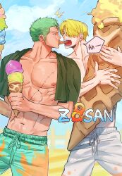 Rule 34 | blonde hair, food, green hair, green shorts, highres, ice cream, male focus, mature male, multiple boys, muscular, muscular male, navel, nipples, one piece, roronoa zoro, sanji (one piece), scar, short hair, shorts, sweetdou3, swimsuit, topless male, white shorts, yaoi
