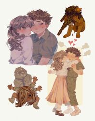 Rule 34 | 1boy, 1girl, blush, brown eyes, brown hair, commentary, cotimne, crying, extra arms, fear &amp; hunger, fear &amp; hunger 2: termina, green jumpsuit, grey hair, hair ribbon, heart, highres, hug, jumpsuit, levi (fear &amp; hunger), long skirt, long sleeves, marina (fear &amp; hunger), mary janes, mole, mole under mouth, mouth piercing, pink skirt, ribbon, shoes, sitting, skirt, socks, standing, sweat, white background, white footwear