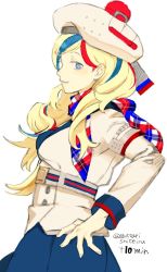 Rule 34 | 1girl, :3, bad id, bad twitter id, beret, blonde hair, blue eyes, blue hair, blue skirt, breasts, commandant teste (kancolle), from side, guttarishiteiru, hand on own hip, hat, jacket, kantai collection, long hair, long sleeves, medium breasts, multicolored clothes, multicolored hair, multicolored scarf, one-hour drawing challenge, pom pom (clothes), profile, red hat, scarf, simple background, skirt, solo, streaked hair, twitter username, white background
