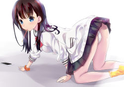 Rule 34 | 1girl, all fours, ass, black hair, black skirt, blue eyes, blush, bow, bowtie, breasts, cardigan, cellphone, doku momo, food, food in mouth, from behind, grey cardigan, gridman universe, highres, long hair, looking at viewer, medium breasts, orange socks, panties, phone, pocky, red bow, red bowtie, school uniform, scrunchie, shirt, skirt, smartphone, socks, solo, ssss.gridman, takarada rikka, underwear, white background, white panties, white shirt, wrist scrunchie