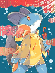 Rule 34 | akadako, animal focus, blue background, closed mouth, clothed pokemon, cloud, cowboy shot, creatures (company), game freak, gen 3 pokemon, hand up, highres, holding, holding umbrella, long sleeves, looking up, nintendo, no humans, one-hour drawing challenge, orange eyes, pokemon, pokemon (creature), rain, raincoat, see-through, solo, standing, swampert, umbrella, wet