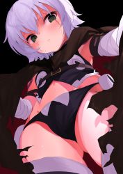 Rule 34 | 1girl, absurdres, arm belt, bandaged arm, bandages, belt, belt buckle, black background, black cape, black panties, black thighhighs, buckle, cape, closed mouth, cowboy shot, eyelashes, fate/apocrypha, fate (series), from below, frown, furrowed brow, gluteal fold, green eyes, groin, hair between eyes, highres, jack the ripper (fate/apocrypha), navel, panties, scar, scar across eye, scar on face, silver hair, simple background, solo, stitches, sweat, thighhighs, torn cape, torn clothes, underwear, zuwatake