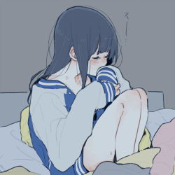 Rule 34 | 1girl, bare legs, blue hair, closed eyes, from side, hibike! euphonium, indoors, jacket, letterman jacket, long hair, on bed, pillow, ree (re-19), shirt, sitting, smelling, solo, tagme, thighs, yoroizuka mizore