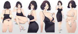 Rule 34 | 1girl, aqua eyes, ass, back, bare shoulders, bikini, black dress, black hair, black panties, blue eyes, bracelet, breasts, brown hair, cleavage, closed eyes, closed mouth, clothes lift, collarbone, dress, dress lift, feather boa, full body, gradient background, halterneck, high heels, highres, jewelry, large breasts, lipstick, looking at viewer, looking back, makeup, mature female, mikoto akemi, multiple views, nail polish, original, panties, pantylines, pantyshot, parted bangs, parted lips, red lips, see-through, short hair, side-tie bikini bottom, sitting, sleeveless, sleeveless dress, smile, standing, strap pull, strap slip, swimsuit, thighs, thong, underwear, upper body, watch, white bikini, white footwear