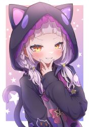 Rule 34 | 1girl, absurdres, animal hood, arched bangs, black jacket, blush, braid, cat hood, grey hair, grin, highres, hololive, hood, hooded jacket, jacket, long hair, long sleeves, looking at viewer, low twintails, murasaki shion, murasaki shion (school uniform), nail polish, official alternate costume, official alternate hairstyle, purple nails, side braid, smile, smirk, smug, solo, tkc (user snjd8547), twintails, v-shaped eyebrows, v over mouth, virtual youtuber, yellow eyes