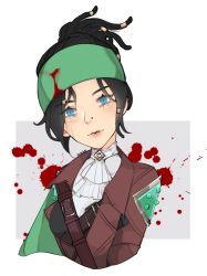 Rule 34 | 1girl, animification, apex legends, ascot, black hair, blood, blood on clothes, blood splatter, blue eyes, blush, brown jacket, dreadlocks, green headband, headband, highres, itsaboutspoons, jacket, looking at viewer, nose piercing, official alternate costume, parted lips, piercing, portrait, solo, wave shift wraith, white ascot, wraith (apex legends)