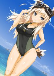 Rule 34 | 1girl, animal ears, bad id, bad pixiv id, blonde hair, blue eyes, breasts, dakku (ogitsune), goggles, hanna-justina marseille, head wings, highres, long hair, medium breasts, ocean, smile, solo, strike witches, swimsuit, tail, wings, world witches series