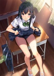 Rule 34 | 1girl, bag, black eyes, black hair, black skirt, blouse, bow, bowtie, chair, clothes lift, curtains, desk, full body, green bow, green bowtie, lifted by self, long hair, looking at viewer, no socks, one-piece swimsuit, open mouth, original, pleated skirt, school bag, school chair, school desk, school swimsuit, school uniform, shirt, shoes, sitting, skirt, skirt lift, solo, swimsuit, swimsuit under clothes, tan (tangent), uwabaki, white shirt, window