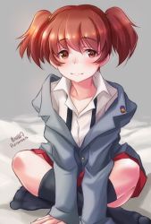 Rule 34 | 10s, 1girl, alisa (girls und panzer), arm support, artist name, bad id, bad twitter id, black necktie, black socks, blazer, brown eyes, brown hair, closed mouth, commentary request, dress shirt, emblem, freckles, full body, girls und panzer, grey background, grey jacket, hair ornament, haruhata mutsuki, indian style, jacket, leaning forward, long sleeves, looking at viewer, loose necktie, miniskirt, necktie, off shoulder, pleated skirt, red skirt, saunders school uniform, school uniform, shirt, short hair, short twintails, signature, sitting, skirt, smile, socks, solo, star (symbol), star hair ornament, twintails, twitter username, unbuttoned, undone necktie, v arms, white shirt