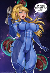 Rule 34 | 1girl, abs, blonde hair, blue eyes, breasts, cheekie, covered erect nipples, covered navel, curvy, female focus, gun, heart, highres, large breasts, lips, long hair, metroid, metroid (creature), mole, mole under mouth, muscular, muscular female, nintendo, ponytail, samus aran, skin tight, sky, solo, star (sky), starry sky, sweatdrop, thick thighs, thighs, veins, weapon, zero suit
