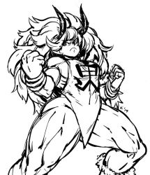 Rule 34 | &gt;:(, 1girl, big hair, bracelet, breasts, chinese clothes, clothes writing, daetd, dated, dudou, fighting stance, frown, greyscale, horns, jewelry, kinuko (kinucakes), large breasts, long hair, monochrome, muscular, muscular female, oboro muramasa, rajaki (oboro muramasa), signature, simple background, sketch, solo, thick thighs, thighs, v-shaped eyebrows, vanillaware, white background
