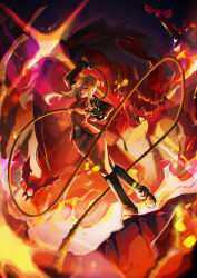 Rule 34 | 1girl, black gloves, blonde hair, blue eyes, commentary, detached sleeves, fawkesart, fighting stance, final fantasy, final fantasy viii, fire, full body, gloves, highres, holding, holding whip, ifrit (final fantasy), light particles, long hair, looking at viewer, midriff peek, orange skirt, orange vest, parted bangs, quistis trepe, serious, skirt, sparkle, standing, vest