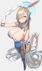 Rule 34 | 1girl, absurdly long hair, animal ears, asuna (blue archive), asuna (bunny) (blue archive), black pantyhose, blue archive, blue bow, blue bowtie, blue eyes, blue leotard, blue ribbon, blush, bow, bowtie, breasts, cleavage, commentary, detached collar, fake animal ears, gloves, grey background, hair over one eye, hair ribbon, halo, highres, large breasts, leotard, long hair, mole, mole on breast, official alternate costume, pantyhose, rabbit ears, reulem, ribbon, simple background, smile, standing, very long hair, white gloves