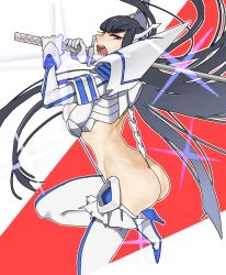 Rule 34 | 1girl, ass, back, bad id, bad twitter id, black hair, blue eyes, blunt bangs, breasts, gloves, high heels, holding, holding sword, holding weapon, katana, kikomo, kill la kill, kiryuuin satsuki, leg up, long hair, looking at viewer, open mouth, revealing clothes, sideboob, solo, sword, thighhighs, two-handed, very long hair, weapon, wedgie, white gloves, white thighhighs