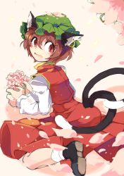 Rule 34 | 1girl, animal ears, brown hair, cat ears, cat tail, chen, cherry blossoms, ear piercing, earrings, eyebrows, flower, hat, iroyopon, jewelry, long sleeves, looking at viewer, looking back, multiple tails, nekomata, open mouth, petals, piercing, red eyes, shirt, single earring, skirt, skirt set, solo, tail, touhou, two tails, vest, wavy mouth