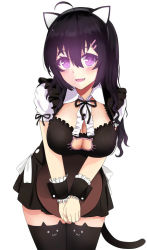 Rule 34 | 1girl, :3, ahoge, animal ears, bad id, bad pixiv id, beifeng han, black hair, black thighhighs, blush, breasts, cat ears, cat lingerie, cat tail, cleavage, cleavage cutout, clothing cutout, fang, glowing, glowing eyes, hair ornament, large breasts, long hair, looking at viewer, meme attire, miyaura sanshio, open mouth, original, purple eyes, revision, simple background, smile, solo, tail, thighhighs, white background, wrist cuffs