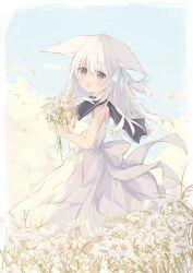 Rule 34 | 1girl, animal ears, bare arms, bare shoulders, black sailor collar, blue bow, blue sky, bouquet, bow, brown eyes, cloud, commentary request, day, dress, flower, hair between eyes, hair bow, highres, holding, holding bouquet, kushida you, long hair, looking at viewer, looking to the side, original, outdoors, sailor collar, sailor dress, sky, sleeveless, sleeveless dress, solo, very long hair, white dress, white flower, white hair