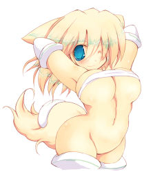 Rule 34 | 1girl, animal ears, arm behind head, armpits, arms up, belt bra, blonde hair, blue eyes, bottomless, breasts, female focus, large breasts, long hair, navel, no pupils, no pussy, one eye closed, original, sakaki (noi-gren), simple background, solo, standing, tail, thighhighs, white background, wink