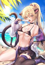 Rule 34 | absurdres, animal ears, bare shoulders, beach, belt, bikini, bikini top only, black bikini, black footwear, black legwear, blonde hair, blue eyes, blue sky, breasts, cat ears, choker, cloud, cloudy sky, collarbone, commission, eyes visible through hair, fang, food, hair between eyes, highres, holding, holding food, hot, jacket, kithera, long hair, melting, mountain, multicolored clothes, ocean, open clothes, open jacket, open mouth, original, outdoors, patterned, patterned clothing, pebble, ponytail, popsicle, purple footwear, sand, silhouette, sitting, skindentation, sky, solo, summer, sun, sweat, swimsuit, tail, tetris, thighs, tongue, tongue out, very long hair, wariza, water, white jacket, zipper