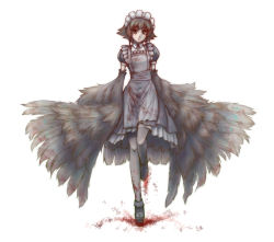 Rule 34 | 1girl, apron, blood, dress, full body, futaba channel, gustav (telomere na), harpy, legs, maid, maid apron, maid headdress, monster girl, nijiura maids, short hair, simple background, solo, standing, standing on one leg, thighhighs, winged arms, wings, yabai