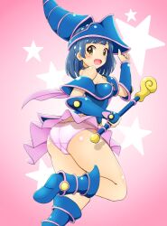 Rule 34 | 1girl, ass, bare shoulders, blue footwear, blue hair, blue hat, blue leotard, blush, boots, breasts, cameltoe, clothes lift, cosplay, cowboy shot, dark magician girl, dark magician girl (cosplay), dot nose, from behind, gauntlets, gradient background, hat, highres, holding, holding wand, idolmaster, idolmaster million live!, idolmaster million live! theater days, leg up, leotard, looking at viewer, looking back, medium breasts, nanao yuriko, open mouth, origomato, panties, pantyshot, pink background, pink panties, pink skirt, pleated skirt, short hair, sideboob, skirt, skirt lift, smile, solo, standing, standing on one leg, star (symbol), starry background, strapless, strapless leotard, underwear, wand, wind, wind lift, wizard hat, yellow eyes, yu-gi-oh!