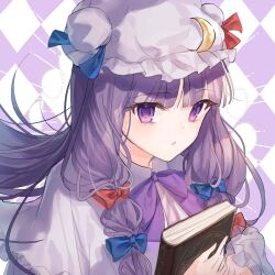 Rule 34 | 1girl, anllouser, argyle, argyle background, argyle clothes, blue bow, book, bow, bowtie, crescent, crescent hat ornament, hair bow, hat, hat ornament, highres, holding, holding book, long hair, looking at viewer, mob cap, multiple hair bows, open mouth, patchouli knowledge, purple bow, purple bowtie, purple eyes, purple hair, red bow, touhou