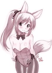 Rule 34 | 1girl, animal ears, arms behind back, bare shoulders, blush, bow, bowtie, breasts, bunny day, cleavage, closed mouth, copyright request, covered navel, detached collar, ebifly, extra ears, fishnet pantyhose, fishnets, hairband, leaning forward, leotard, long hair, looking at viewer, medium breasts, monochrome, nontraditional playboy bunny, pantyhose, playboy bunny, ponytail, side-tie leotard, simple background, smile, solo, standing, tail, white background, wrist cuffs