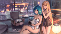 Rule 34 | 2girls, :d, animal, armchair, bare arms, bare shoulders, bed, bedroom, black panties, blanket, blonde hair, blue eyes, blue hair, blurry, blurry foreground, blush, bob cut, book, breasts, brown eyes, brushing hair, building, cat, chair, chemise, city lights, cleavage, closed mouth, collarbone, comb, commentary, crossed legs, curtains, cushion, depth of field, english commentary, english text, eyes visible through hair, fingernails, hair dye, head tilt, holding, holding book, indoors, lamp, legs together, long hair, looking at another, looking at viewer, medium breasts, moonandmist, multiple girls, night, open book, open mouth, original, panties, parted bangs, photo (object), pillow, railing, rain, see-through, shiny skin, short hair, sidelocks, sitting, sleeping, smile, spaghetti strap, standing, table, thighs, underwear, very long hair, white cat, window, wooden floor