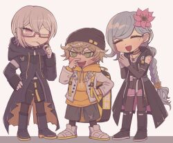 Rule 34 | 1boy, 1girl, 1other, backpack, bag, beanie, belt pouch, black coat, black dress, black footwear, black pants, black thighhighs, blonde hair, blue eyes, blue hair, boots, braid, candy, choker, closed eyes, closed mouth, coat, commentary request, desuhiko thunderbolt, dress, ear piercing, elbow gloves, facial mark, fingerless gloves, flower, food, fubuki clockford, full body, glasses, gloves, green eyes, grey hair, hair between eyes, hair flower, hair ornament, halara nightmare, hand on own hip, hands up, hat, holding, holding candy, holding food, holding lollipop, hood, hood down, hooded coat, hoodie, jewelry, knee boots, lollipop, long hair, long sleeves, master detective archives: rain code, necklace, nihechi, one eye closed, open mouth, own hands together, pants, piercing, pink-framed eyewear, pink eyes, pink flower, pink shorts, pouch, ring, scratching nose, semi-rimless eyewear, short dress, short hair, shorts, shoulder tattoo, single braid, sleeveless, sleeveless coat, smile, standing, symbol in eye, tattoo, thighhighs, yellow choker, yellow hoodie