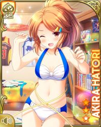 Rule 34 | 1girl, ;d, barefoot, bedroom, bookcase, bra, brown eyes, brown hair, card, character name, collarbone, day, girlfriend (kari), hair ornament, hairclip, hatori akira, indoors, navel, official art, one eye closed, open mouth, ponytail, qp:flapper, smile, solo, standing, tagme, tape measure, underwear, white bra
