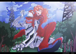 Rule 34 | 1girl, alternate breast size, artist request, blue eyes, blue sky, blush stickers, bodysuit, breasts, brown hair, city, clenched teeth, cowboy shot, the end of evangelion, femdom, fighting, forced, forest, giant, giantess, grabbing, grabbing from behind, hair ornament, long hair, mass production eva, nature, neon genesis evangelion, plugsuit, red bodysuit, simple background, sitting, sitting on person, sky, souryuu asuka langley, standing, teeth, tree, two side up, very long hair, wide hips, wrestling