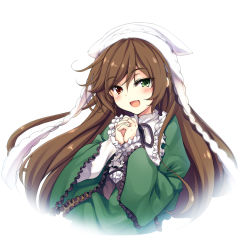 Rule 34 | 1girl, :d, black ribbon, blush, brown hair, dress, frilled shirt collar, frilled sleeves, frills, green dress, green eyes, hair between eyes, head scarf, layered sleeves, long hair, long sleeves, looking at viewer, moeki yuuta, open mouth, own hands clasped, own hands together, red eyes, ribbon, rozen maiden, simple background, smile, solo, suiseiseki, tsurime, upper body, very long hair, white background, wide sleeves