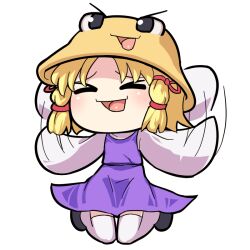 Rule 34 | &gt; &lt;, 1girl, afterimage, black footwear, blonde hair, blush, closed eyes, commentary request, flapping, flat chest, full body, hair ribbon, hat, hospital king, long sleeves, moriya suwako, open mouth, parted bangs, purple skirt, purple vest, pyonta, red ribbon, ribbon, shirt, shoes, short hair, simple background, skirt, skirt set, smile, solo, thighhighs, touhou, vest, white background, white shirt, white thighhighs, wide sleeves, yukkuri shiteitte ne