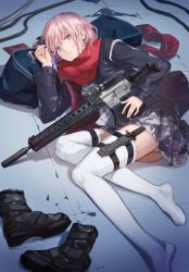 Rule 34 | 1girl, alternate costume, ar-15, assault rifle, black footwear, blue eyes, blue hair, blue jacket, boots, unworn boots, closed mouth, combat knife, girls&#039; frontline, gun, had (had314), hair between eyes, hair ornament, highres, holding, holding gun, holding weapon, holster, jacket, knife, knife sheath, long hair, looking at viewer, lying, magpul, multicolored hair, on side, one side up, open clothes, open jacket, panties, pink hair, red scarf, rifle, scarf, school uniform, sheath, side ponytail, sidelocks, skirt, solo, st ar-15 (girls&#039; frontline), streaked hair, thigh holster, thigh strap, thighhighs, thighs, underwear, weapon, weapon bag, white panties, white thighhighs