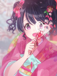 Rule 34 | 1girl, artist request, black hair, blurry, blurry background, rabbit hair ornament, commentary request, double bun, fangs, flower, fukumaru koito, hair bun, hair flower, hair ornament, hair ribbon, idolmaster, idolmaster shiny colors, japanese clothes, kimono, looking at viewer, obi, pink kimono, purple eyes, ribbon, sash, short hair, short twintails, skin fangs, solo, twintails, upper body