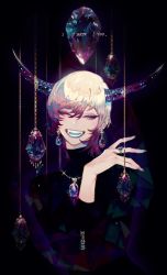 Rule 34 | 1girl, blue tongue, chain, earrings, english text, eyelashes, closed eyes, fangs, gem, gradient hair, highres, horns, jewelry, laughing, light particles, light rays, multicolored hair, necklace, original, pigeon666, ring, short hair, signature, simple background, solo, sweater, turtleneck, turtleneck sweater, white hair