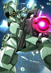 Rule 34 | adama0s0284, aiming, arm shield, assault visor, beam rifle, char&#039;s counterattack, clenched hand, commentary, energy gun, exhaust, explosion, foreshortening, gun, gundam, highres, holding, holding gun, holding weapon, jegan, mecha, missile pod, mobile suit, no humans, robot, science fiction, solo, space, star (sky), weapon