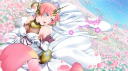 Rule 34 | 1girl, :o, absurdres, blue eyes, breasts, bridal veil, cleavage, commentary request, dress, elbow gloves, fate/grand order, fate (series), field, flower, flower field, frankenstein&#039;s monster (fate), fujishiro kuma, gloves, headpiece, highres, horns, long dress, medium breasts, petals, pink hair, pixiv fate/grand order contest 2, see-through, see-through cleavage, short hair, single horn, solo, veil, wedding dress, white dress, white gloves