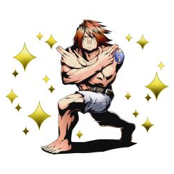 Rule 34 | 10s, 1boy, belt, brown eyes, brown hair, divine gate, fairy tail, full body, ichiya vandalay kotobuki, looking at viewer, male focus, muscular, official art, shadow, shorts, solo, sparkle, spiked hair, tattoo, transparent background, ucmm, white shorts