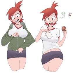 Rule 34 | 1girl, black choker, black skirt, breasts, choker, cookie, cropped legs, food, foster&#039;s home for imaginary friends, frankie foster, green jacket, highres, holding, holding cookie, holding food, jacket, large breasts, midriff, mrfishcorpse, multiple views, open mouth, ponytail, red hair, shirt, short sleeves, simple background, skirt, white background, white shirt