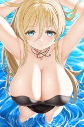 Rule 34 | 1girl, armpits, arms behind head, arms up, asamura hiori, azur lane, bare shoulders, bismarck (azur lane), bismarck zwei (azur lane), bismarck zwei (crystal-clear holiday) (azur lane), black one-piece swimsuit, blonde hair, blue eyes, blush, breasts, cleavage, collarbone, highres, large breasts, long hair, looking at viewer, one-piece swimsuit, solo, swimsuit, thighs, wading, water