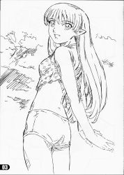 Rule 34 | 1girl, arms behind back, back, crop top, elf, flat chest, from behind, greyscale, halterneck, highres, lafiel, long hair, looking back, monochrome, musashiseki bombers, official art, pointy ears, scan, seikai no senki, short shorts, shorts, sketch, smile, solo, standing, very long hair, watabe keisuke