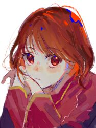 Rule 34 | 1girl, arima kana, bob cut, closed mouth, hand on own face, highres, inverted bob, looking at viewer, oshi no ko, red eyes, red hair, red shirt, shirt, short hair, simple background, solo, upper body, white background, xingfulun16203