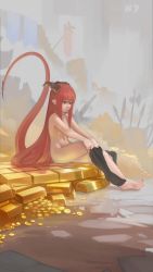 Rule 34 | 1girl, banner, closed mouth, dragon girl, dragon horns, dragon tail, dressing, from side, gold, gold bar, highres, horns, long hair, looking down, nail polish, navel, nude, original, paintrfiend, red eyes, red hair, sharp toenails, sitting, unworn socks, solo, tail, toenail polish, toenails, very long hair