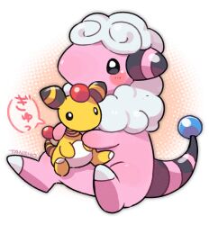Rule 34 | ampharos, artist name, blush, creatures (company), flaaffy, game freak, gen 2 pokemon, holding, holding pokemon, nintendo, no humans, pokemon, pokemon (creature), simple background, sitting, speech bubble, tansho, translation request