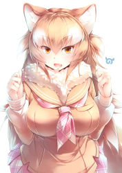 Rule 34 | 1girl, absurdres, animal ears, between breasts, blush, breast pocket, breasts, brown hair, fang, highres, japanese wolf (kemono friends), japari symbol, kanzakietc, kemono friends, large breasts, long hair, looking at viewer, multicolored hair, multicolored neckwear, necktie, necktie between breasts, open mouth, pink necktie, pocket, smile, solo, tail, two-tone hair, very long hair, white hair, white necktie, wolf ears, wolf tail